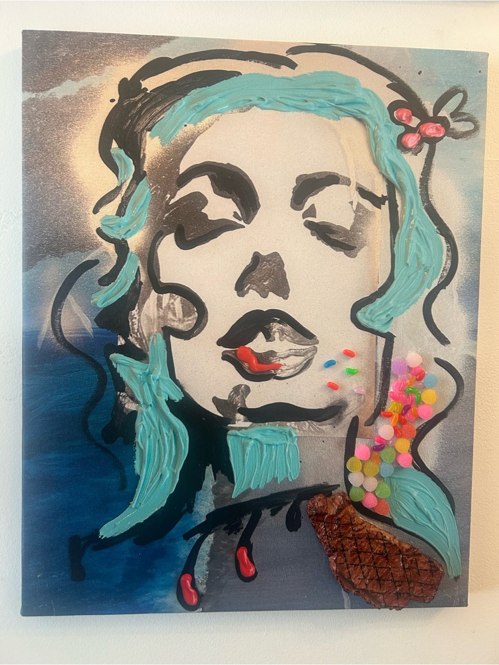 Contemporary Mixed-Media Portrait Wall Art in Teal and Black